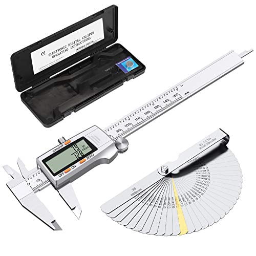 ESYNIC Digital Vernier Caliper with 32 Feeler Gauge 150mm/6Inch Stainless Steel Body Electronic Caliper Fractions/Inch/Metric Conversion Measuring Tool for Length Width Depth Inner Outer Diameter ESYNIC Digital Vernier Caliper with 32 Feeler Gauge 150mm/6Inch Stainless Steel Body Electronic Caliper Fractions/Inch/Metric Conversion Measuring Tool for Length Width Depth Inner Outer Diameter